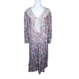 Vintage 80s Long Sleeve Blouson Dress Lace Collar Womens Size 2XL Purple Paisley